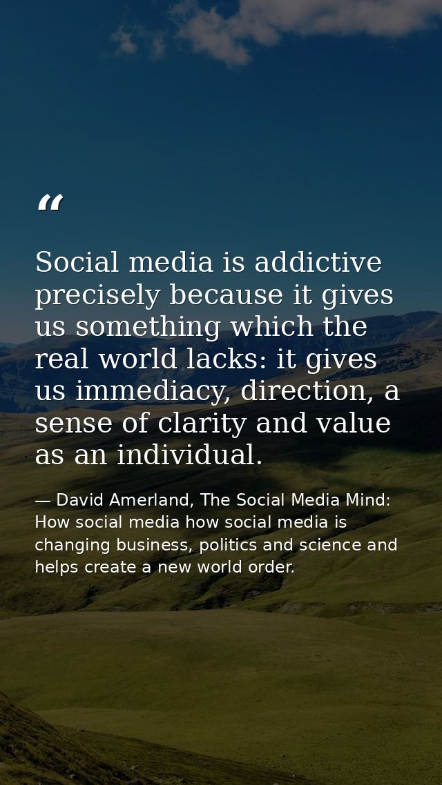 Social media is addictive precisely because it gives us something which the real world lacks: it gives us immediacy, dir — David Amerland, The Social Media Mind: How social media how social media is changing business, politics and science and helps create a new world order.