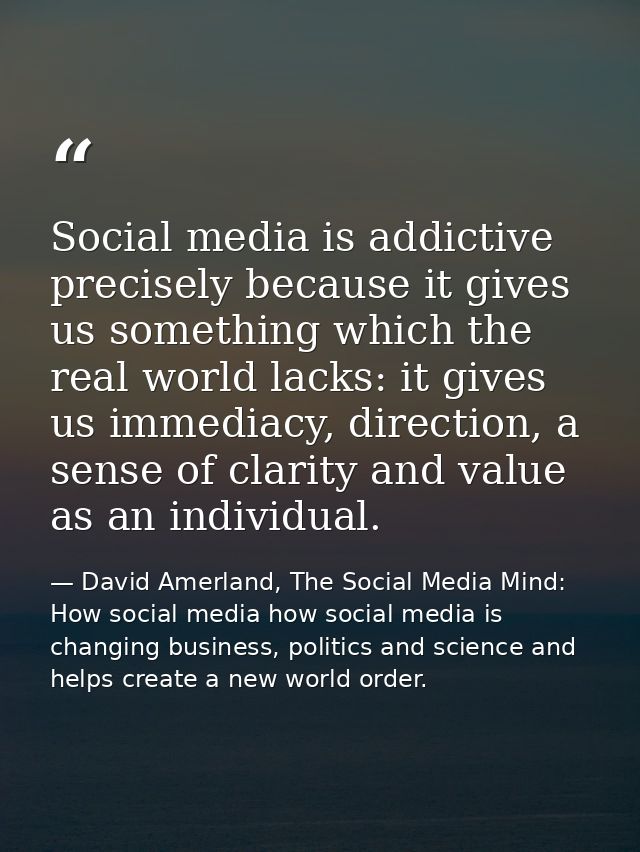 Social media is addictive precisely because it gives us something which the real world lacks: it gives us immediacy, dir — David Amerland, The Social Media Mind: How social media how social media is changing business, politics and science and helps create a new world order.