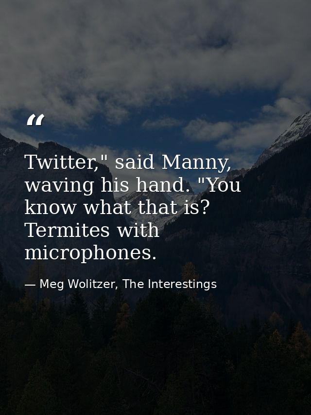 Twitter," said Manny, waving his hand. "You know what that is? Termites with microphones. — Meg Wolitzer, The Interestings