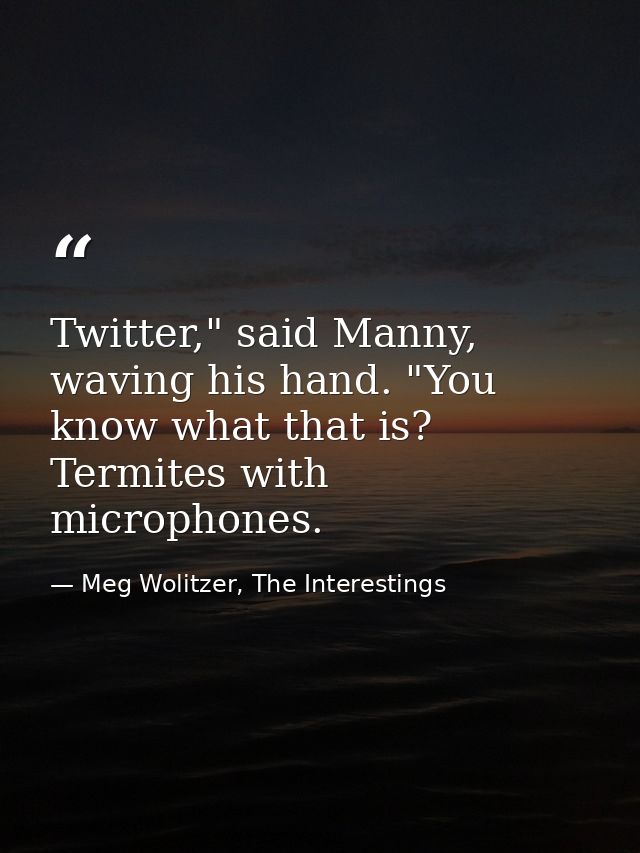 Twitter," said Manny, waving his hand. "You know what that is? Termites with microphones. — Meg Wolitzer, The Interestings