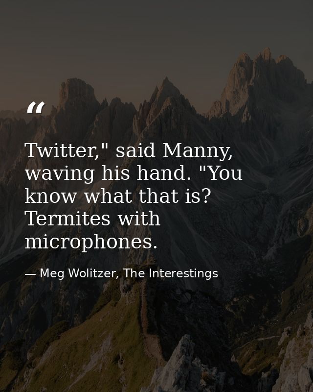 Twitter," said Manny, waving his hand. "You know what that is? Termites with microphones. — Meg Wolitzer, The Interestings