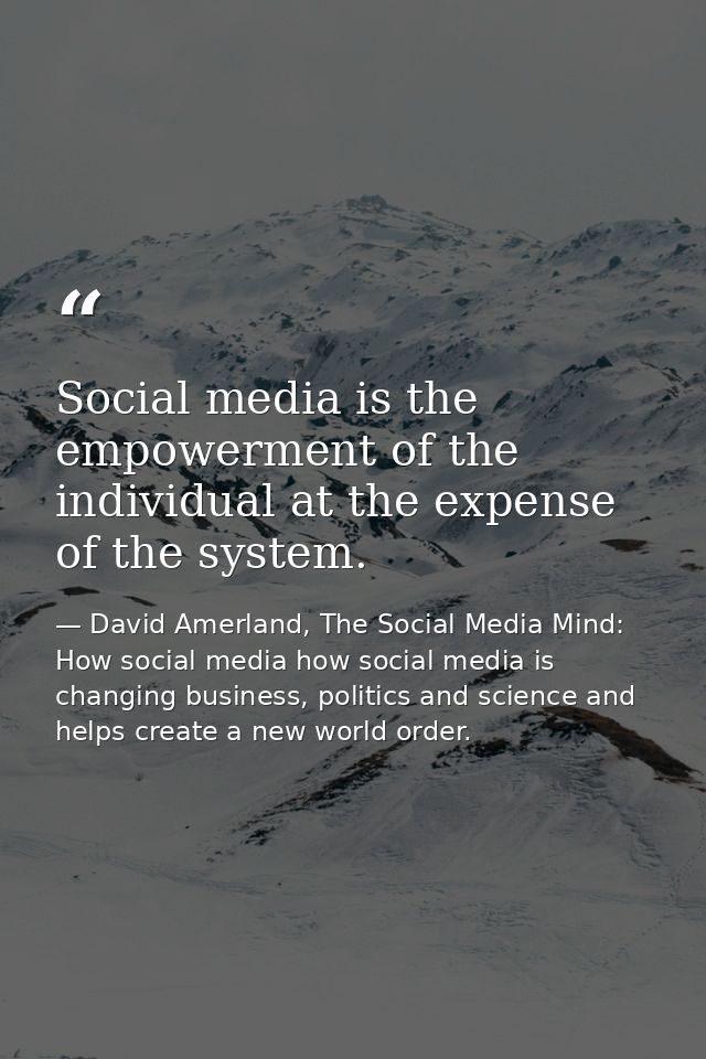 Social media is the empowerment of the individual at the expense of the system. — David Amerland, The Social Media Mind: How social media how social media is changing business, politics and science and helps create a new world order.