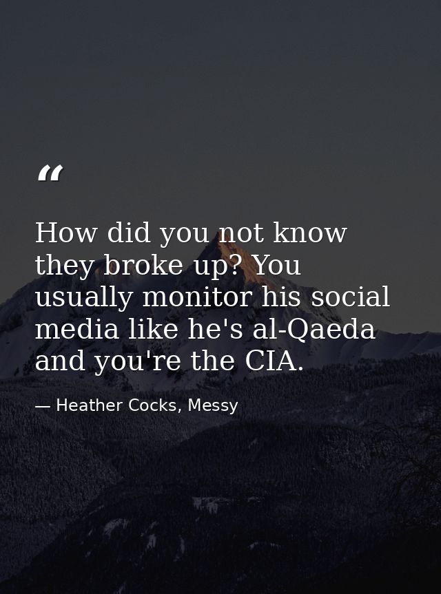 How did you not know they broke up? You usually monitor his social media like he's al-Qaeda and you're the CIA. — Heather Cocks, Messy
