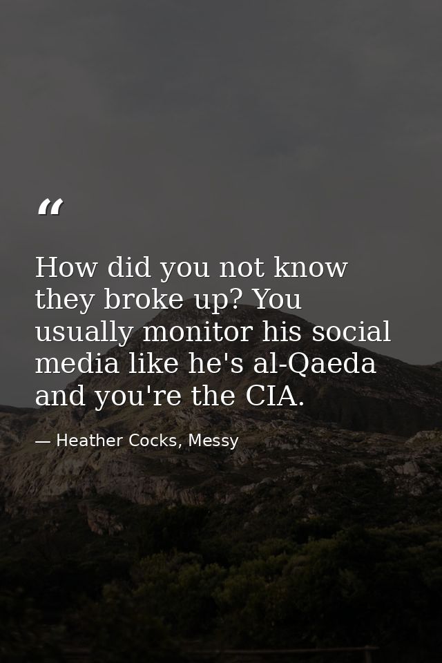 How did you not know they broke up? You usually monitor his social media like he's al-Qaeda and you're the CIA. — Heather Cocks, Messy