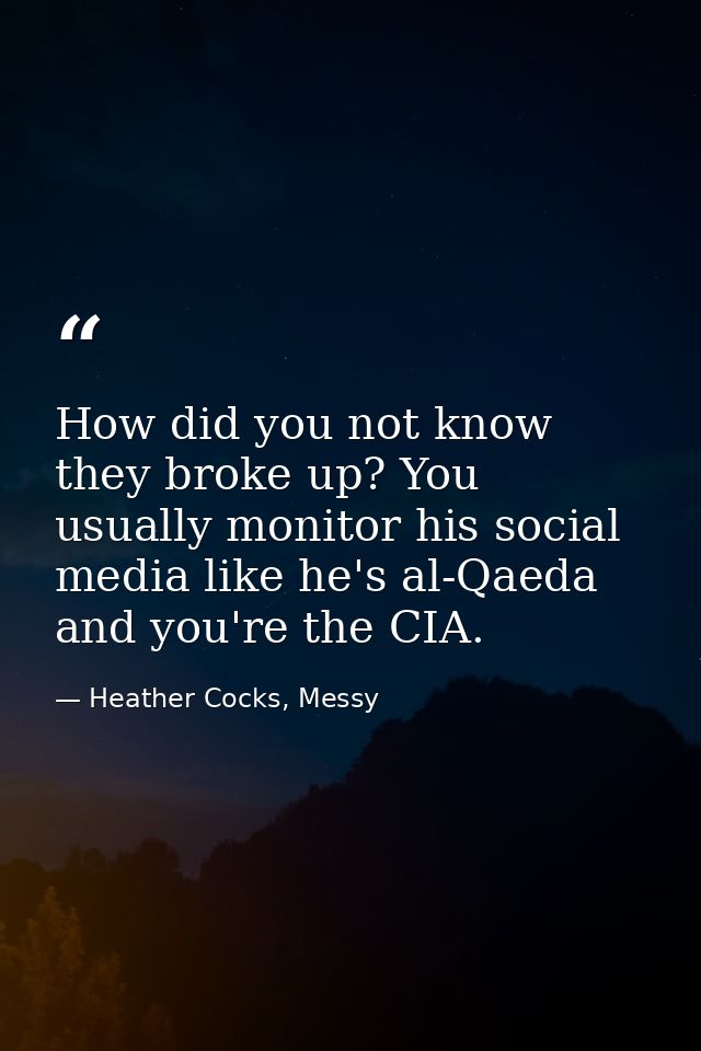 How did you not know they broke up? You usually monitor his social media like he's al-Qaeda and you're the CIA. — Heather Cocks, Messy