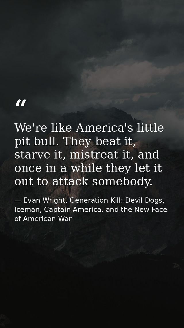 We're like America's little pit bull. They beat it, starve it, mistreat it, and once in a while they let it out to attac — Evan Wright, Generation Kill: Devil Dogs, Iceman, Captain America, and the New Face of American War