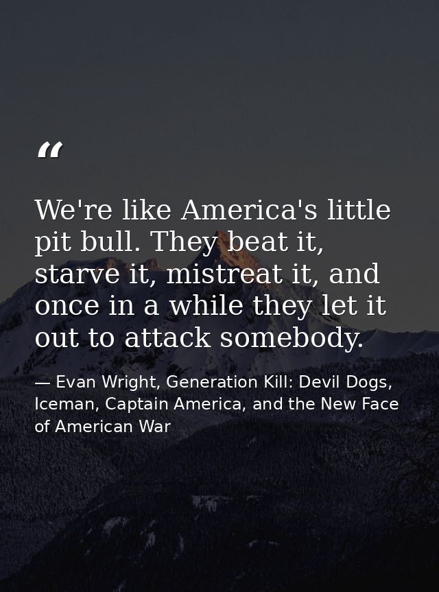 We're like America's little pit bull. They beat it, starve it, mistreat it, and once in a while they let it out to attac — Evan Wright, Generation Kill: Devil Dogs, Iceman, Captain America, and the New Face of American War