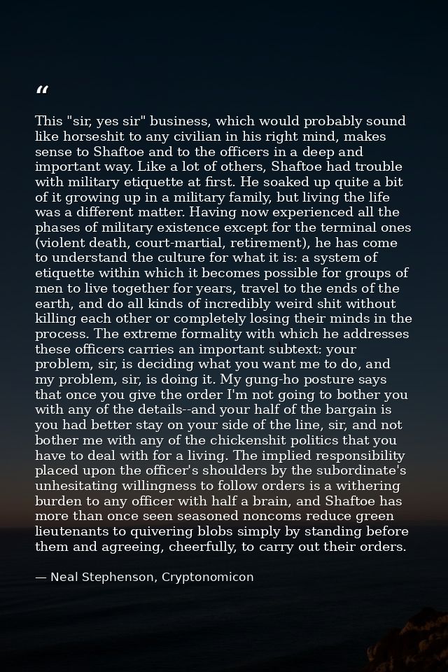 This "sir, yes sir" business, which would probably sound like horseshit to any civilian in his right mind, makes sense t — Neal Stephenson, Cryptonomicon