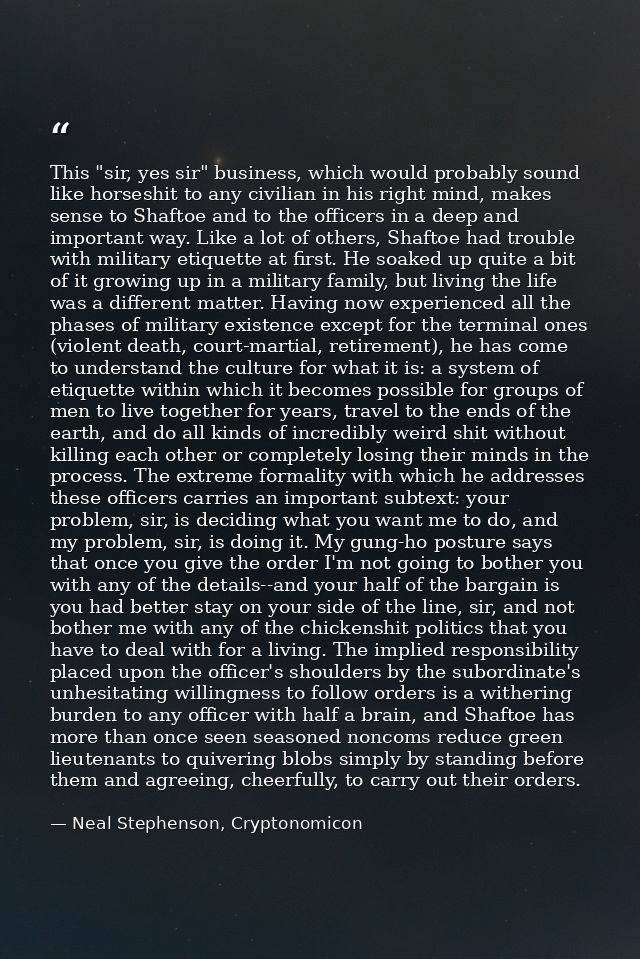 This "sir, yes sir" business, which would probably sound like horseshit to any civilian in his right mind, makes sense t — Neal Stephenson, Cryptonomicon