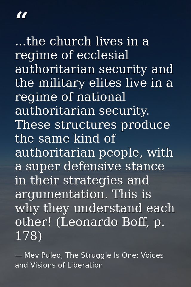 ...the church lives in a regime of ecclesial authoritarian security and the military elites live in a regime of national — Mev Puleo, The Struggle Is One: Voices and Visions of Liberation