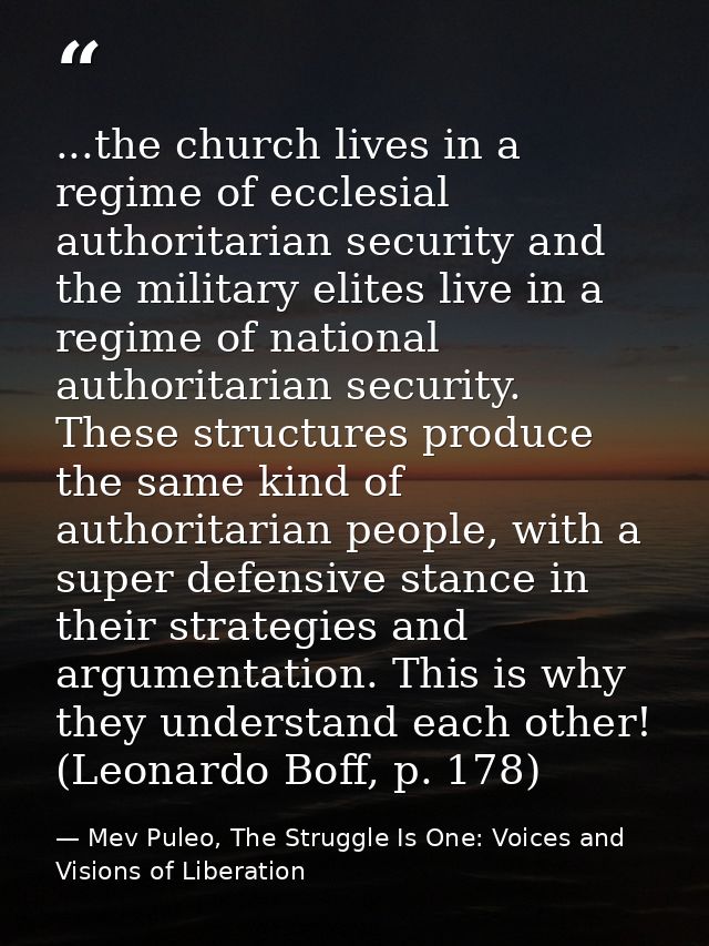 ...the church lives in a regime of ecclesial authoritarian security and the military elites live in a regime of national — Mev Puleo, The Struggle Is One: Voices and Visions of Liberation