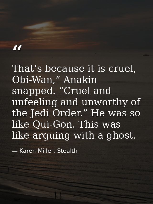 That’s because it is cruel, Obi-Wan,” Anakin snapped. “Cruel and unfeeling and unworthy of the Jedi Order.” He was so li — Karen Miller, Stealth