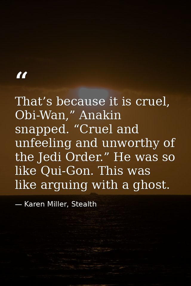 That’s because it is cruel, Obi-Wan,” Anakin snapped. “Cruel and unfeeling and unworthy of the Jedi Order.” He was so li — Karen Miller, Stealth