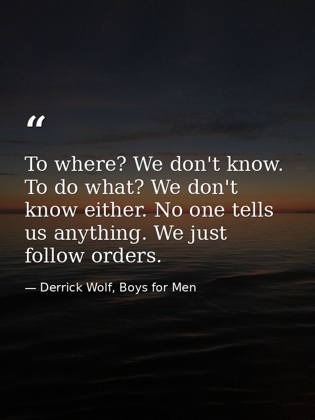 To where? We don't know. To do what? We don't know either. No one tells us anything. We just follow orders. — Derrick Wolf, Boys for Men