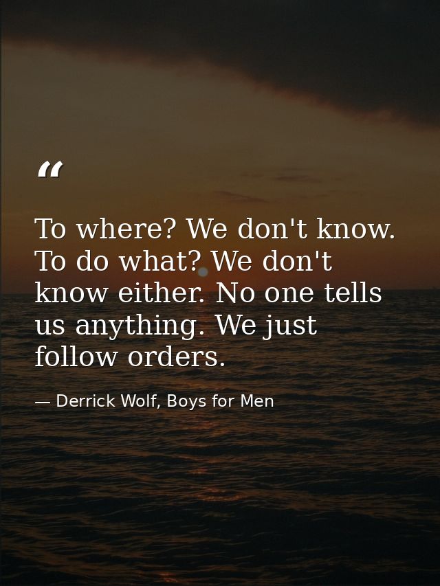 To where? We don't know. To do what? We don't know either. No one tells us anything. We just follow orders. — Derrick Wolf, Boys for Men