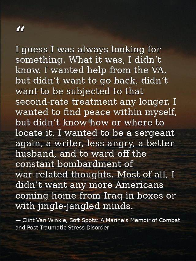 I guess I was always looking for something. What it was, I didn’t know. I wanted help from the VA, but didn’t want to go — Clint Van Winkle, Soft Spots: A Marine's Memoir of Combat and Post-Traumatic Stress Disorder