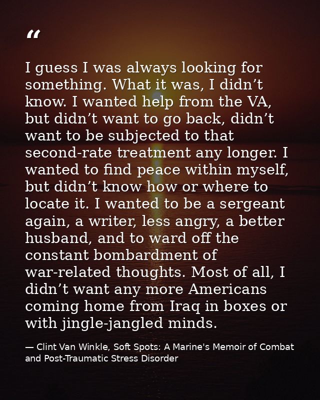I guess I was always looking for something. What it was, I didn’t know. I wanted help from the VA, but didn’t want to go — Clint Van Winkle, Soft Spots: A Marine's Memoir of Combat and Post-Traumatic Stress Disorder