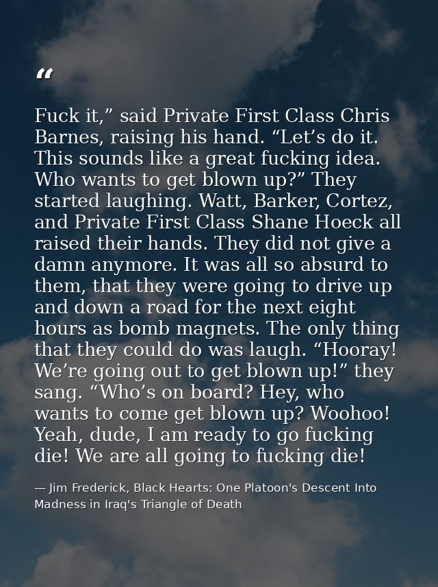 Fuck it,” said Private First Class Chris Barnes, raising his hand. “Let’s do it. This sounds like a great fucking idea.  — Jim Frederick, Black Hearts: One Platoon's Descent Into Madness in Iraq's Triangle of Death