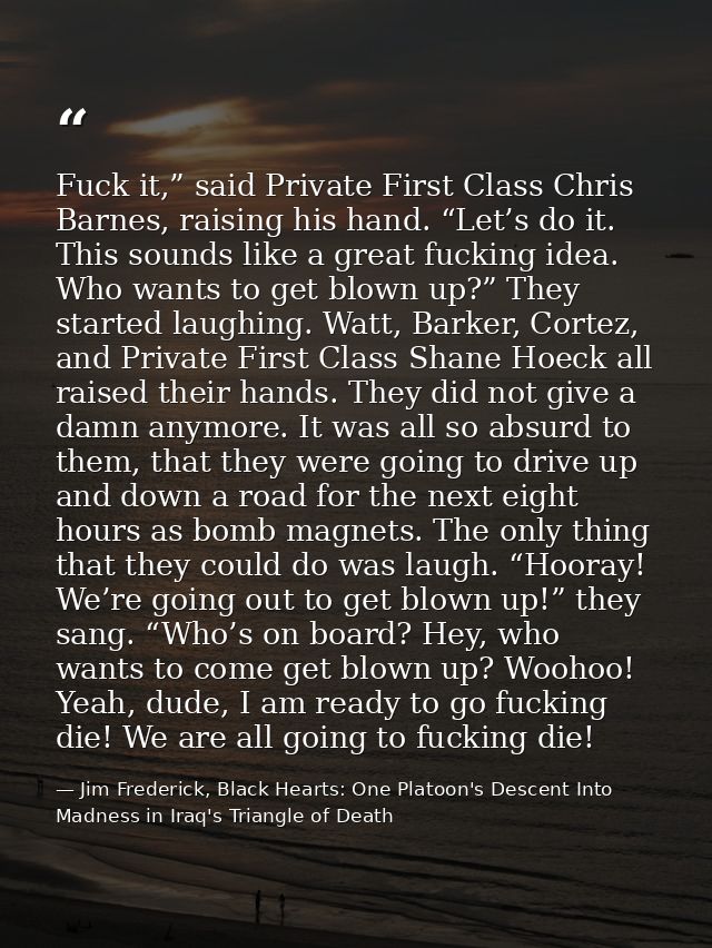 Fuck it,” said Private First Class Chris Barnes, raising his hand. “Let’s do it. This sounds like a great fucking idea.  — Jim Frederick, Black Hearts: One Platoon's Descent Into Madness in Iraq's Triangle of Death