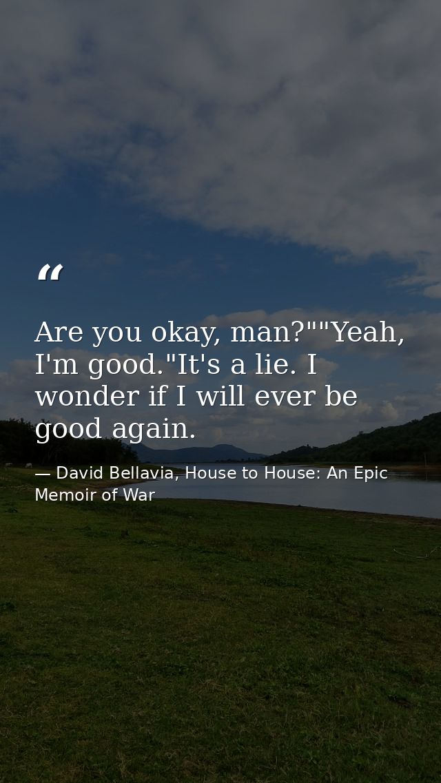 Are you okay, man?""Yeah, I'm good."It's a lie. I wonder if I will ever be good again. — David Bellavia, House to House: An Epic Memoir of War