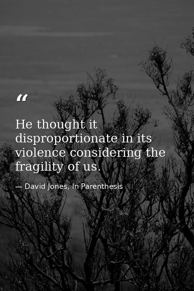 He thought it disproportionate in its violence considering the fragility of us. — David Jones, In Parenthesis