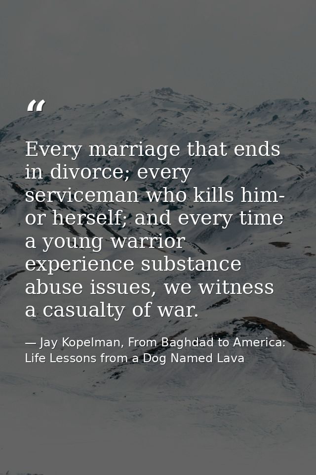 Every marriage that ends in divorce; every serviceman who kills him- or herself; and every time a young warrior experien — Jay Kopelman, From Baghdad to America: Life Lessons from a Dog Named Lava