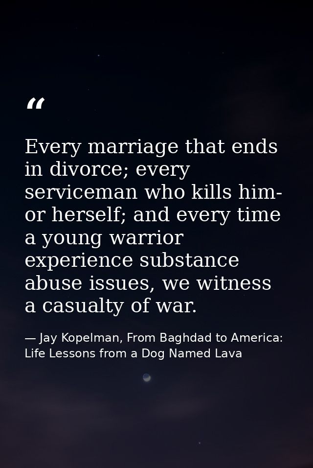 Every marriage that ends in divorce; every serviceman who kills him- or herself; and every time a young warrior experien — Jay Kopelman, From Baghdad to America: Life Lessons from a Dog Named Lava