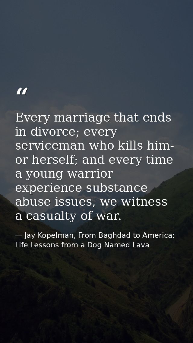 Every marriage that ends in divorce; every serviceman who kills him- or herself; and every time a young warrior experien — Jay Kopelman, From Baghdad to America: Life Lessons from a Dog Named Lava
