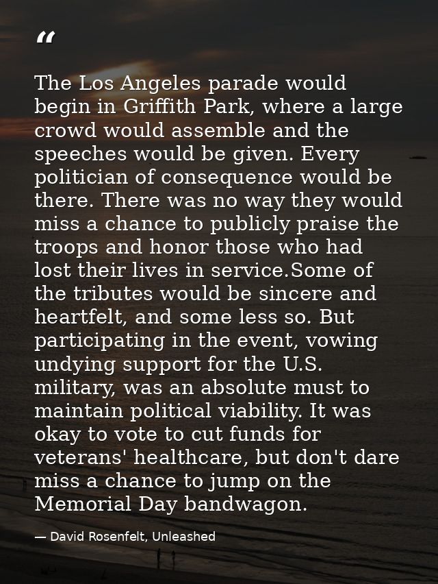 The Los Angeles parade would begin in Griffith Park, where a large crowd would assemble and the speeches would be given. — David Rosenfelt, Unleashed