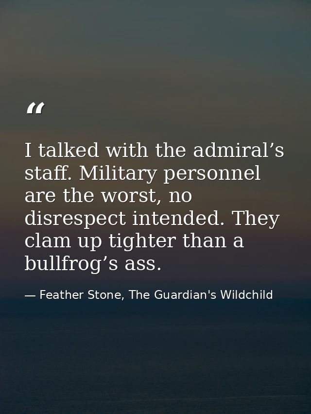 I talked with the admiral’s staff. Military personnel are the worst, no disrespect intended. They clam up tighter than a — Feather Stone, The Guardian's Wildchild