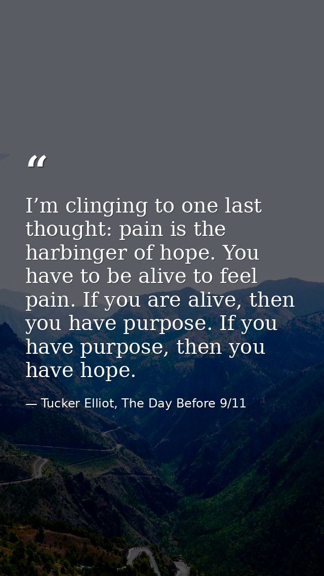 I’m clinging to one last thought: pain is the harbinger of hope. You have to be alive to feel pain. If you are alive, th — Tucker Elliot, The Day Before 9/11