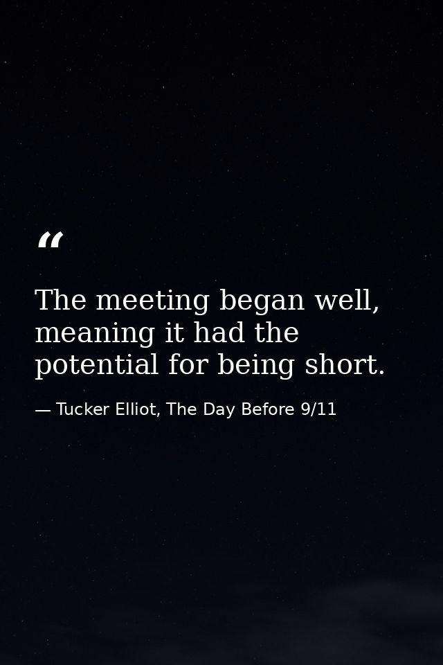 The meeting began well, meaning it had the potential for being short. — Tucker Elliot, The Day Before 9/11