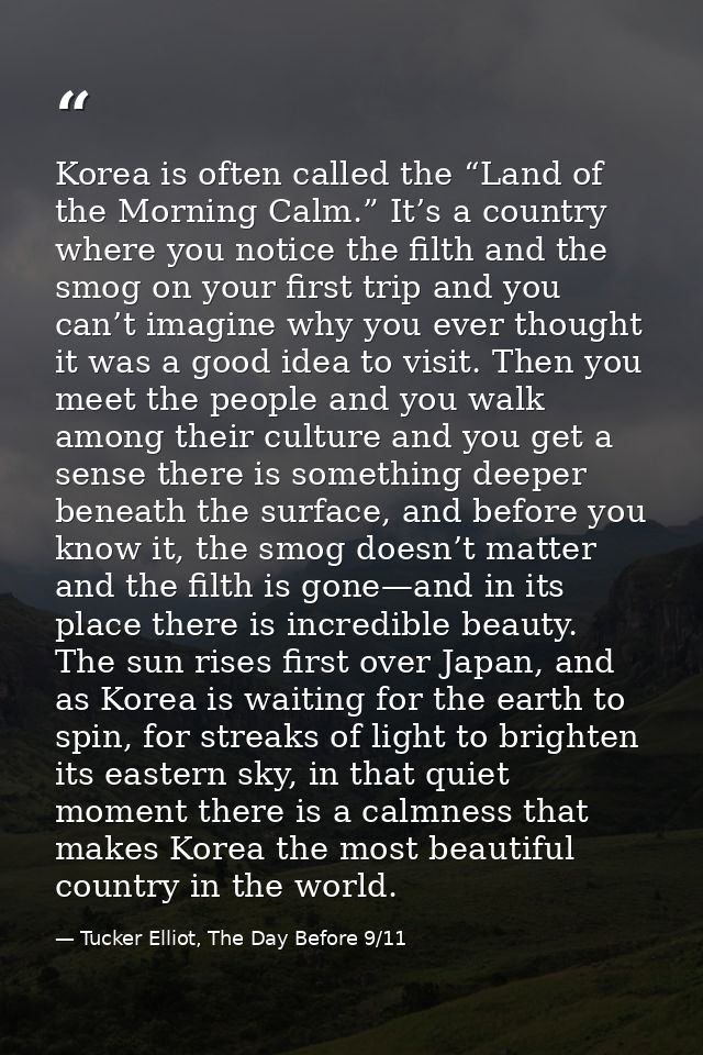 Korea is often called the “Land of the Morning Calm.” It’s a country where you notice the filth and the smog on your fir — Tucker Elliot, The Day Before 9/11