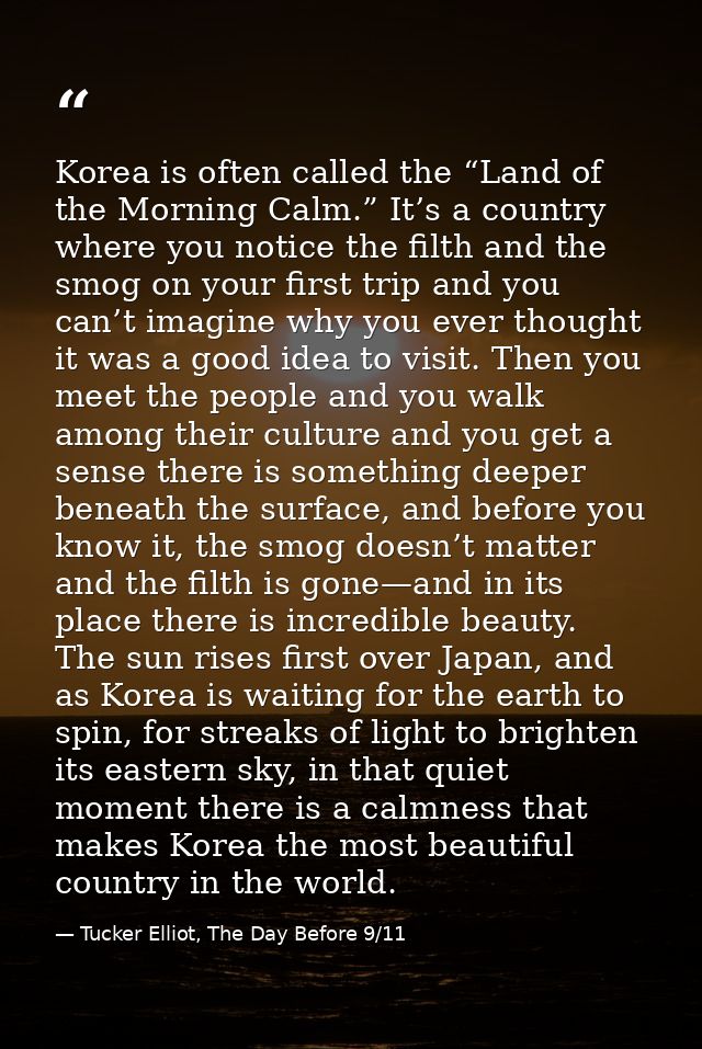 Korea is often called the “Land of the Morning Calm.” It’s a country where you notice the filth and the smog on your fir — Tucker Elliot, The Day Before 9/11