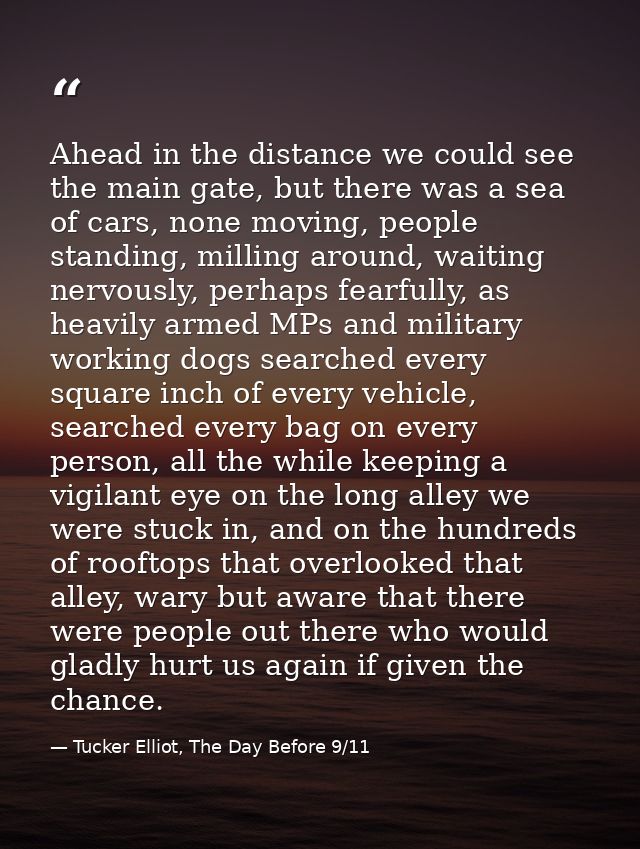 Ahead in the distance we could see the main gate, but there was a sea of cars, none moving, people standing, milling aro — Tucker Elliot, The Day Before 9/11