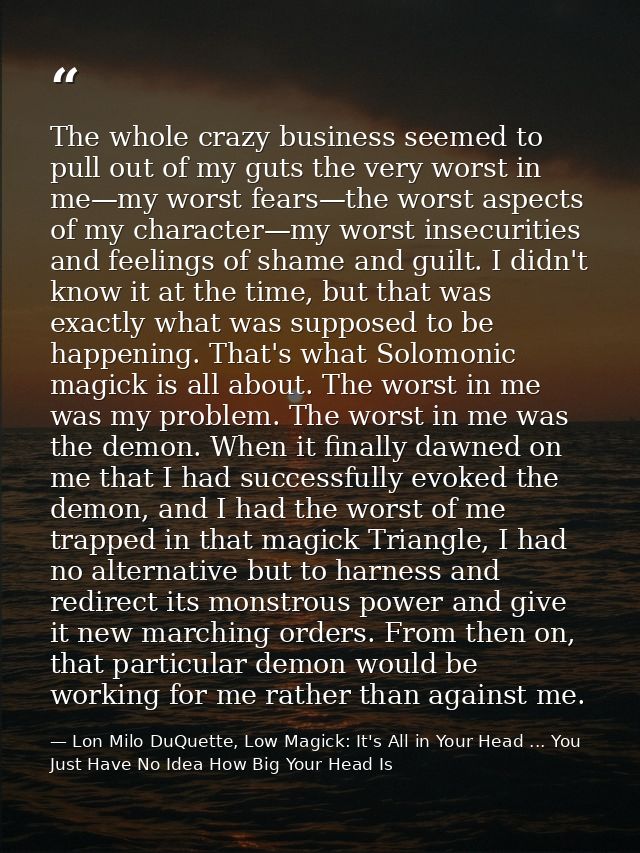The whole crazy business seemed to pull out of my guts the very worst in me—my worst fears—the worst aspects of my chara — Lon Milo DuQuette, Low Magick: It's All in Your Head ... You Just Have No Idea How Big Your Head Is