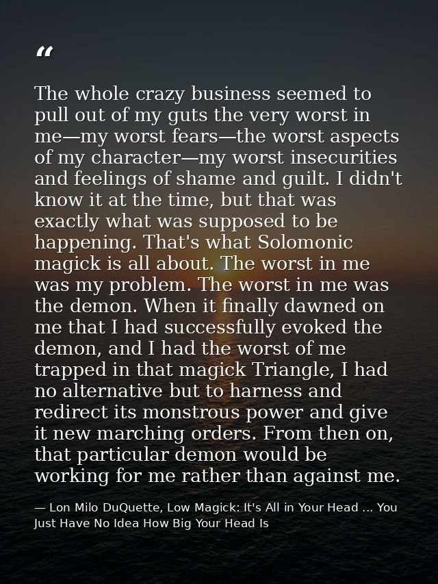 The whole crazy business seemed to pull out of my guts the very worst in me—my worst fears—the worst aspects of my chara — Lon Milo DuQuette, Low Magick: It's All in Your Head ... You Just Have No Idea How Big Your Head Is