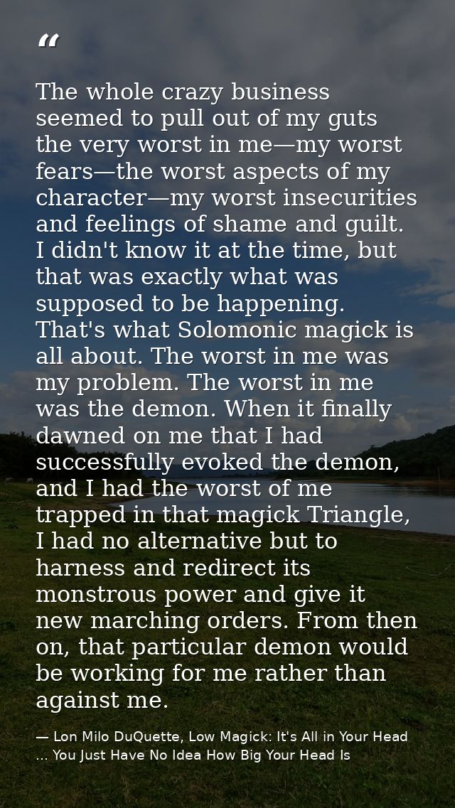 The whole crazy business seemed to pull out of my guts the very worst in me—my worst fears—the worst aspects of my chara — Lon Milo DuQuette, Low Magick: It's All in Your Head ... You Just Have No Idea How Big Your Head Is