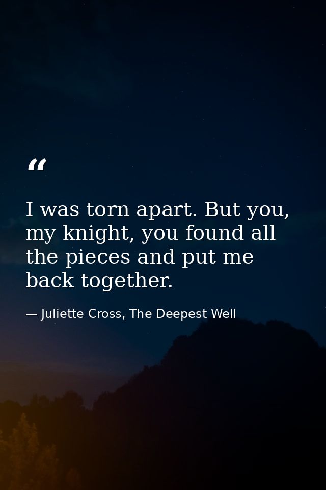 I was torn apart. But you, my knight, you found all the pieces and put me back together. — Juliette Cross, The Deepest Well