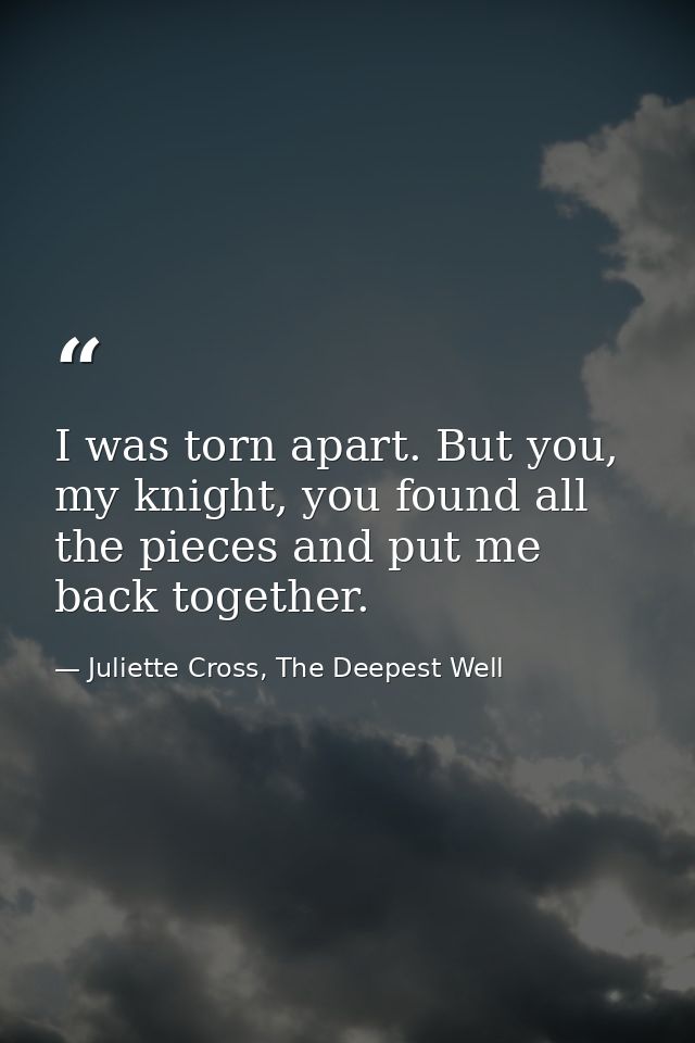 I was torn apart. But you, my knight, you found all the pieces and put me back together. — Juliette Cross, The Deepest Well