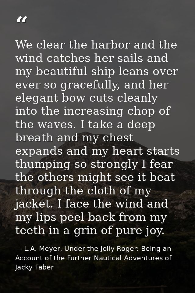 We clear the harbor and the wind catches her sails and my beautiful ship leans over ever so gracefully, and her elegant  — L.A. Meyer, Under the Jolly Roger: Being an Account of the Further Nautical Adventures of Jacky Faber