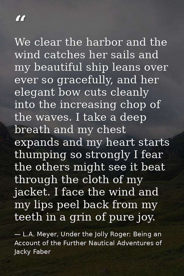 We clear the harbor and the wind catches her sails and my beautiful ship leans over ever so gracefully, and her elegant  — L.A. Meyer, Under the Jolly Roger: Being an Account of the Further Nautical Adventures of Jacky Faber