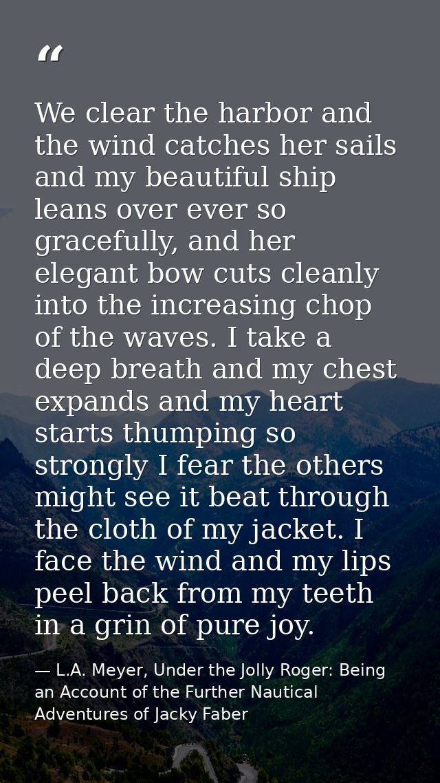 We clear the harbor and the wind catches her sails and my beautiful ship leans over ever so gracefully, and her elegant  — L.A. Meyer, Under the Jolly Roger: Being an Account of the Further Nautical Adventures of Jacky Faber