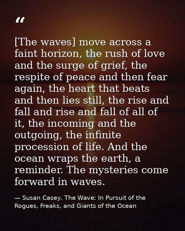 [The waves] move across a faint horizon, the rush of love and the surge of grief, the respite of peace and then fear aga — Susan Casey, The Wave: In Pursuit of the Rogues, Freaks, and Giants of the Ocean