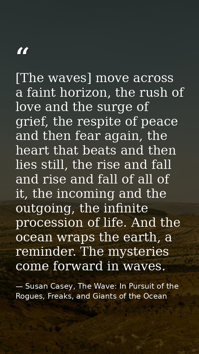 [The waves] move across a faint horizon, the rush of love and the surge of grief, the respite of peace and then fear aga — Susan Casey, The Wave: In Pursuit of the Rogues, Freaks, and Giants of the Ocean