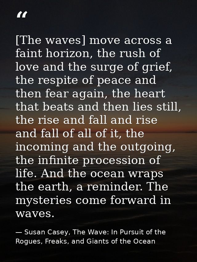 [The waves] move across a faint horizon, the rush of love and the surge of grief, the respite of peace and then fear aga — Susan Casey, The Wave: In Pursuit of the Rogues, Freaks, and Giants of the Ocean