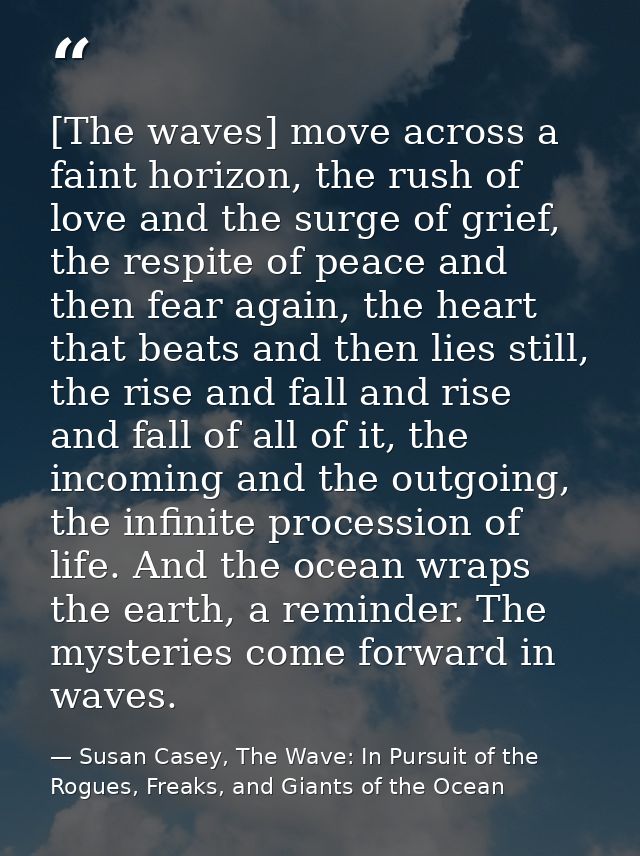 [The waves] move across a faint horizon, the rush of love and the surge of grief, the respite of peace and then fear aga — Susan Casey, The Wave: In Pursuit of the Rogues, Freaks, and Giants of the Ocean