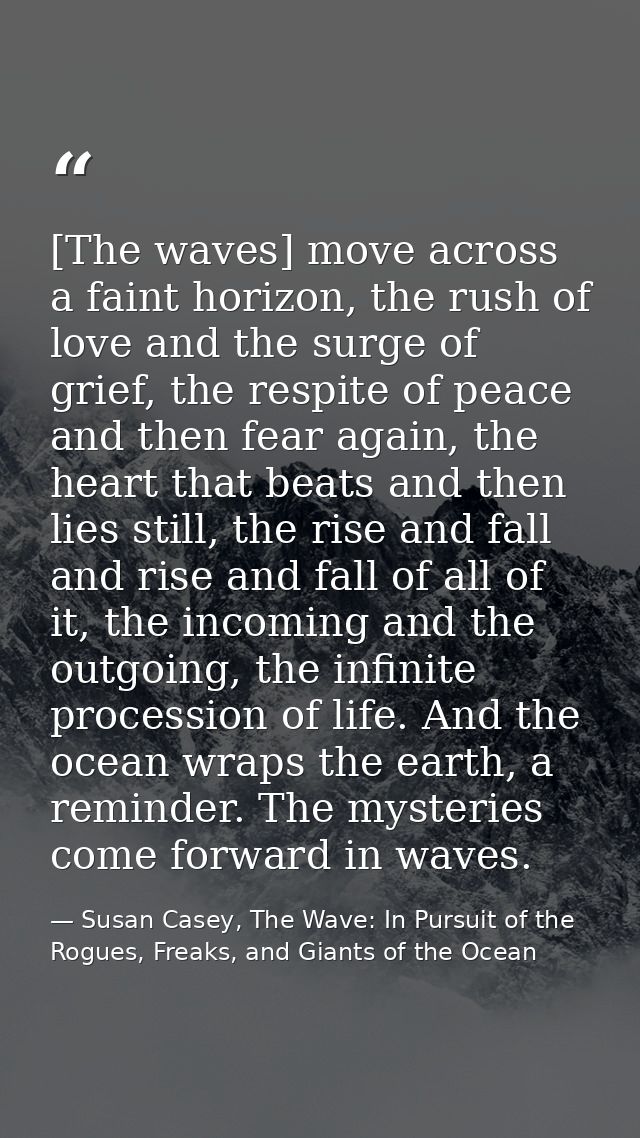 [The waves] move across a faint horizon, the rush of love and the surge of grief, the respite of peace and then fear aga — Susan Casey, The Wave: In Pursuit of the Rogues, Freaks, and Giants of the Ocean