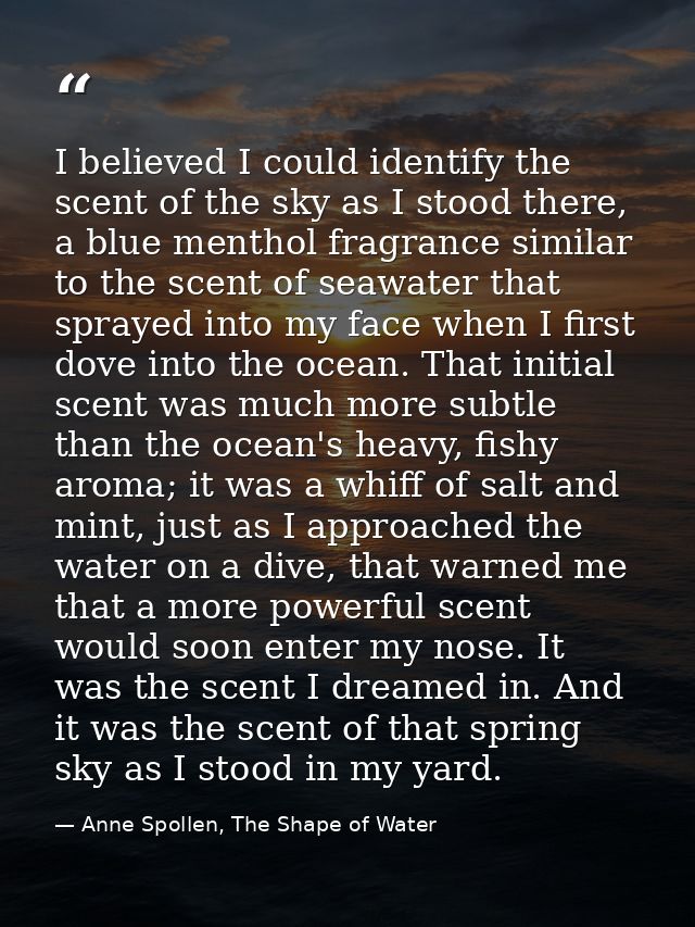 I believed I could identify the scent of the sky as I stood there, a blue menthol fragrance similar to the scent of seaw — Anne Spollen, The Shape of Water