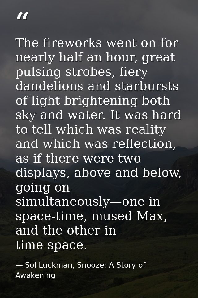 The fireworks went on for nearly half an hour, great pulsing strobes, fiery dandelions and starbursts of light brighteni — Sol Luckman, Snooze: A Story of Awakening
